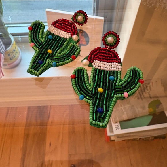 Festive Cactus Beaded Christmas Earrings - Picture 5 of 5